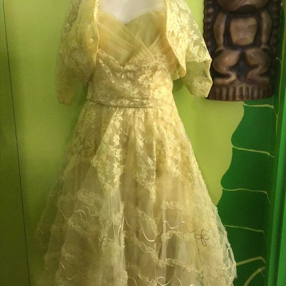 Rare Vintage 50s yellow dress Rockabilly lace bolero cocktails - Picture 14 of 16